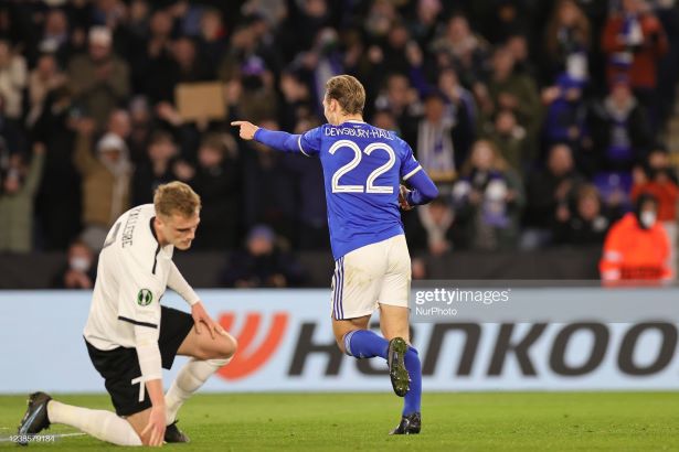 Kiernan Dewsbury-Hall of Leicester City celebrates after scoring their sides forth goal during the UEFA Europa Conference League Round of 16 match between Leicester City and Randers FC at the King Power Stadium, Leicester on Thursday 17th February 2022. (Photo by James Holyoak/MI News/NurPhoto via Getty Images)