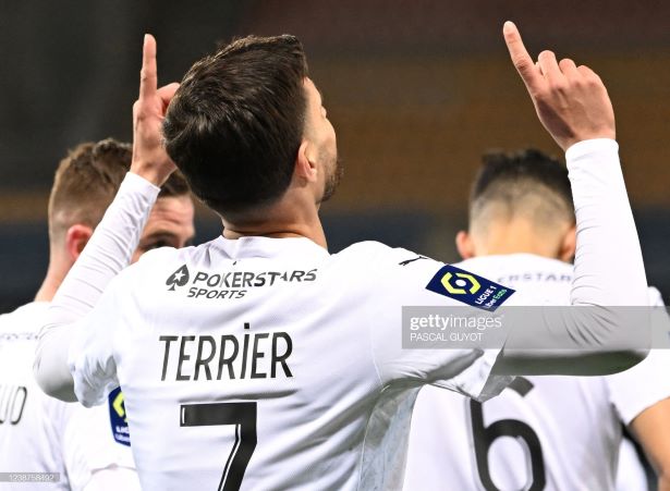Rennes' French forward Martin Terrier reacts after scoring his team's first goal during the French L1 football match between Montpellier and Rennes at The Mosson Stadium in Montpellier, southern France, on February 25, 2022. (Photo by Pascal GUYOT / AFP) (Photo by PASCAL GUYOT/AFP via Getty Images)