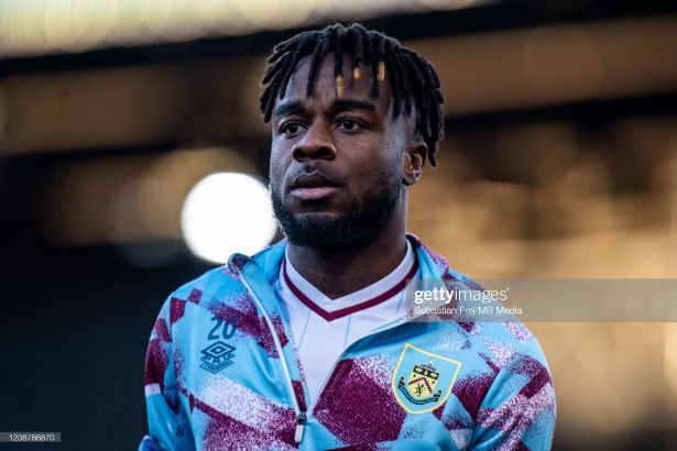 LONDON, ENGLAND - FEBRUARY 26: Maxwel Cornet of Burnley during the Premier League match between Crystal Palace and Burnley at Selhurst Park on February 26, 2022 in London, United Kingdom. (Photo by Sebastian Frej/MB Media/Getty Images)