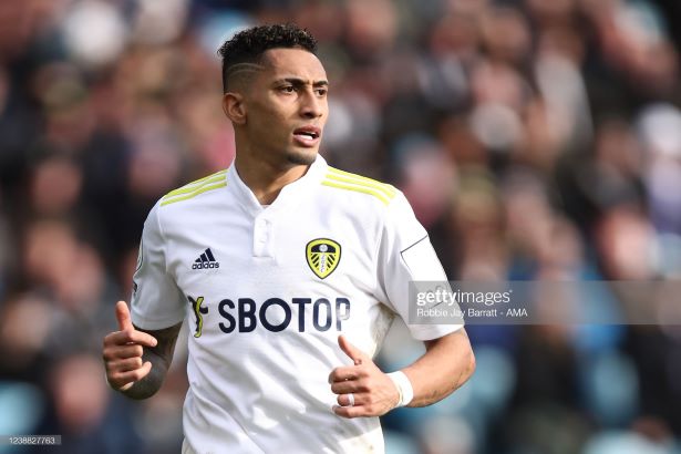 LEEDS, ENGLAND - FEBRUARY 26: Raphinha of Leeds United during the Premier League match between Leeds United and Tottenham Hotspur at Elland Road on February 26, 2022 in Leeds, United Kingdom. (Photo by Robbie Jay Barratt - AMA/Getty Images)