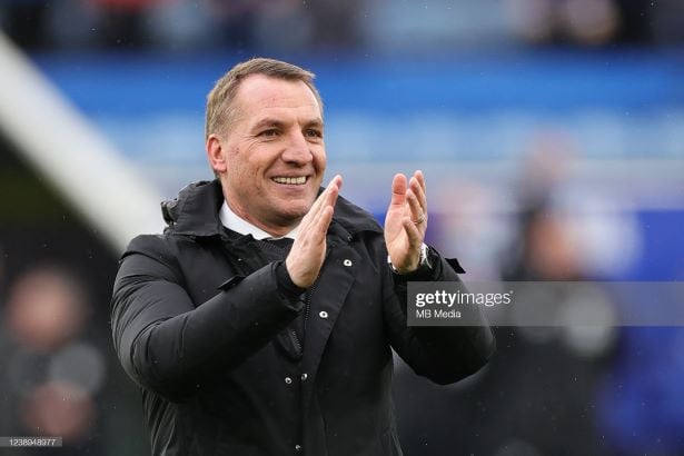 LEICESTER, ENGLAND - MARCH 05: Brendan Rodgers, Manager of <strong><a  data-cke-saved-href='https://www.vavel.com/en/football/2022/02/06/leicester-city/1100839-nottingham-forest-vs-leicester-city-pre-match-analysis.html' href='https://www.vavel.com/en/football/2022/02/06/leicester-city/1100839-nottingham-forest-vs-leicester-city-pre-match-analysis.html'>Leicester City</a></strong> applauds the fans at the final whistle during the Premier League match between <strong><a  data-cke-saved-href='https://www.vavel.com/en/football/2021/12/23/leicester-city/1096773-rodgers-left-frustrated-at-leicesters-failure-to-hang-on.html' href='https://www.vavel.com/en/football/2021/12/23/leicester-city/1096773-rodgers-left-frustrated-at-leicesters-failure-to-hang-on.html'>Leicester City</a></strong> and Leeds United at The King Power Stadium on March 5, 2022 in Leicester, United Kingdom. (Photo by James Holyoak/MB Media/Getty Images)