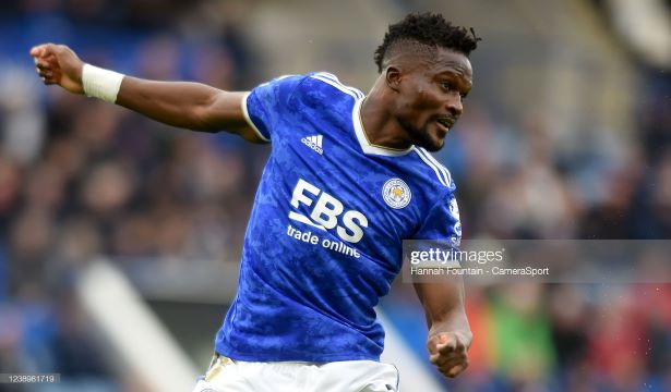 LEICESTER, ENGLAND - MARCH 05: <strong><a  data-cke-saved-href='https://www.vavel.com/en/football/2022/02/07/leicester-city/1100954-the-warm-down-lacklustre-leicester-humiliated-by-old-rivals-nottingham-forest.html' href='https://www.vavel.com/en/football/2022/02/07/leicester-city/1100954-the-warm-down-lacklustre-leicester-humiliated-by-old-rivals-nottingham-forest.html'>Leicester City</a></strong>'s Daniel Amartey during the Premier League match between <strong><a  data-cke-saved-href='https://www.vavel.com/en/football/2022/02/07/leicester-city/1100954-the-warm-down-lacklustre-leicester-humiliated-by-old-rivals-nottingham-forest.html' href='https://www.vavel.com/en/football/2022/02/07/leicester-city/1100954-the-warm-down-lacklustre-leicester-humiliated-by-old-rivals-nottingham-forest.html'>Leicester City</a></strong> and Leeds United at The King Power Stadium on March 5, 2022 in Leicester, United Kingdom. (Photo by Hannah Fountain - CameraSport via Getty Images)
