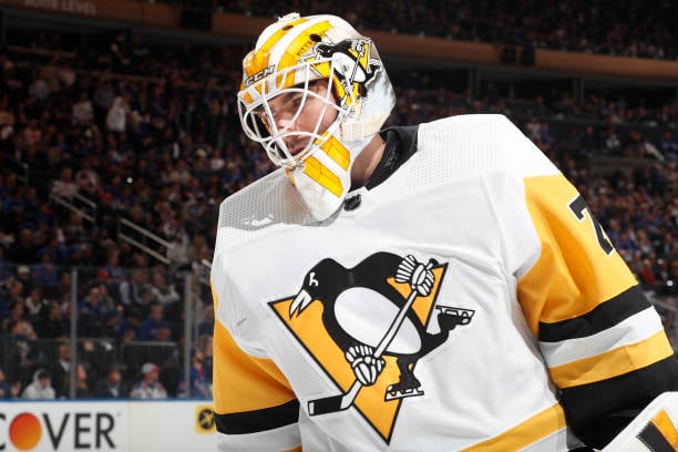 Penguins goaltender Luis Domingue during Game 1/Photo: Jared Silber/NHLI via Getty Images