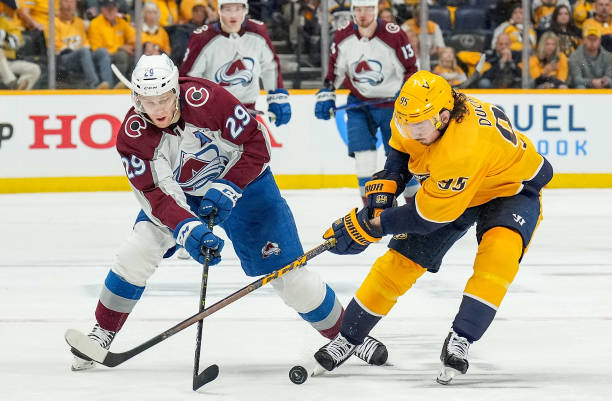 Nathan MacKinnon (l.) and Matt Duchene (r.) battle for the puck in Game 3/Photo: John Russell/NHLI via Getty Images