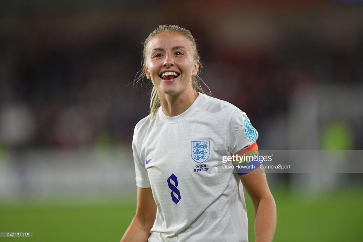 SHEFFIELD, ENGLAND - JULY 26: England's Leah Williamson celebrate her teams 4-0 victory during the UEFA Women's Euro England 2022 Semi Final match between England and Sweden/Belgium at Bramall Lane on July 26, 2022 in Sheffield, United Kingdom. (Photo by Dave Howarth - CameraSport via Getty Images)