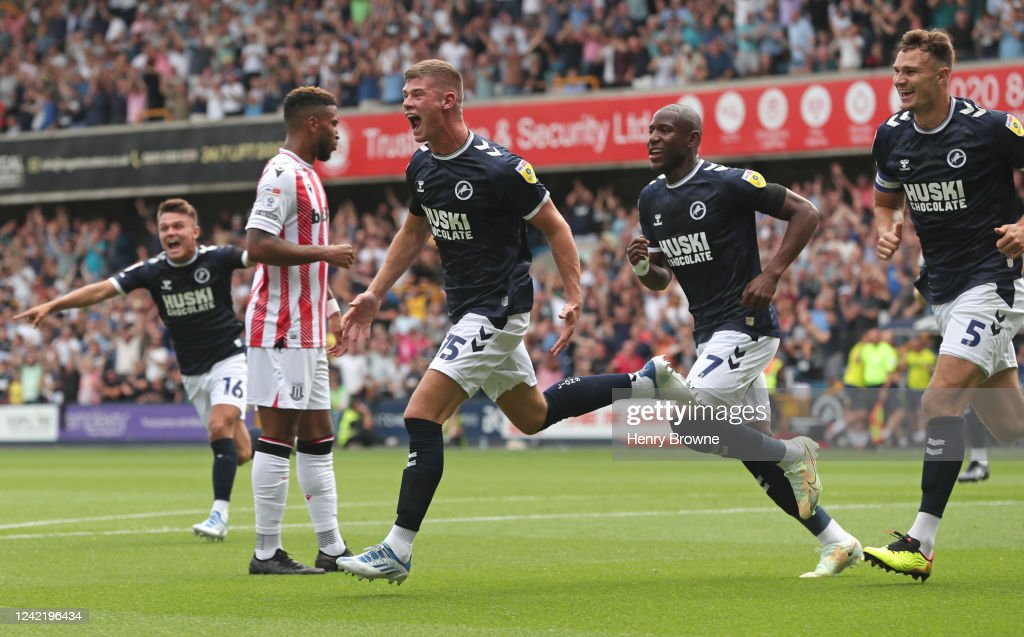 LONDON, ENGLAND - JULY 30: Charlie Cresswell of Millwall celebrates after scoring their first goal during the Sky Bet Championship match between Millwall and Stoke City at The Den on July 30, 2022 in London, United Kingdom. (Photo by Henry Browne/Getty Images)