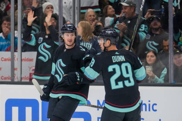 Jared McCann and Vince Dunn celebrate McCann's goal against Buffalo/Photo: Christopher Mast/NHLI via Getty Images