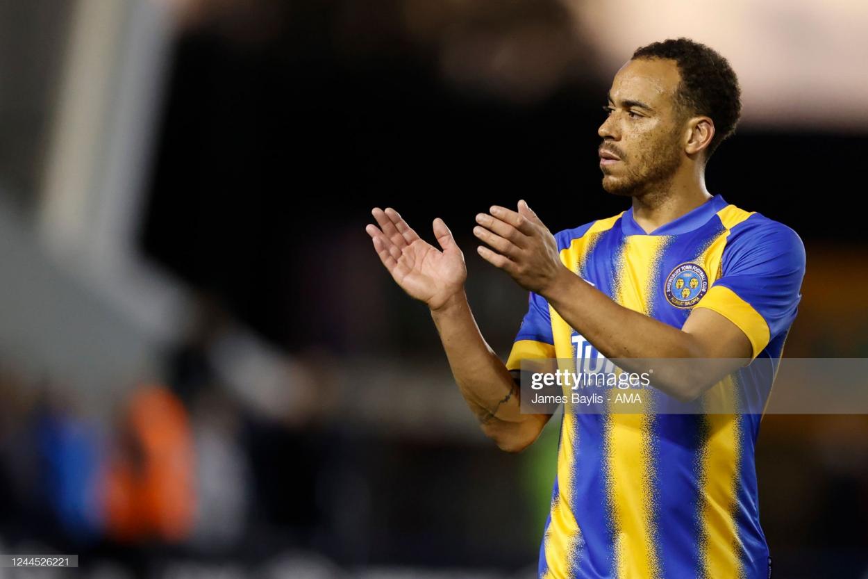 SHREWSBURY, ENGLAND - NOVEMBER 05: Elliott Bennett of Shrewsbury Town during the Emirates FA Cup First Round match between Shrewsbury Town and York City at Montgomery Waters Meadow on November 5, 2022 in Shrewsbury, England. (Photo by James Baylis - AMA/Getty Images)