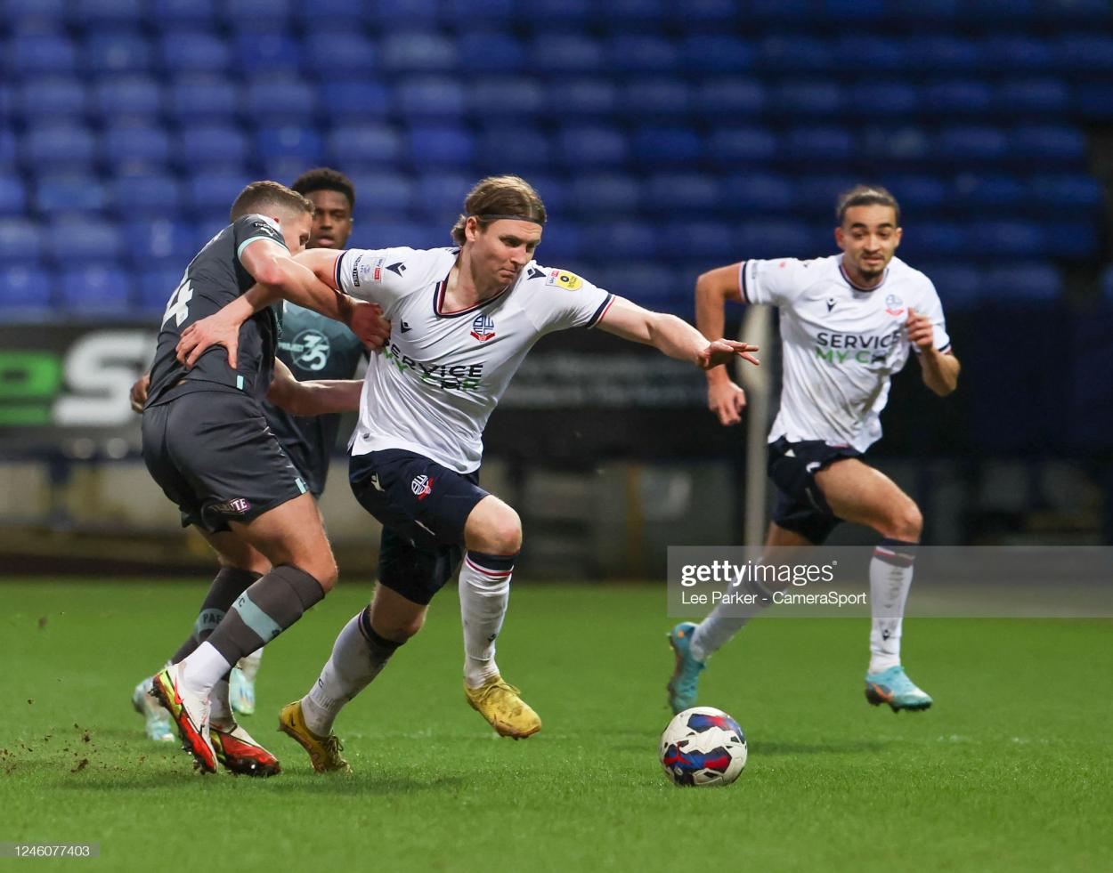 Bolton Wanderers' Jon Dadi Bodvarsson holds off the challenge from Plymouth Argyle's Jordan Houghton during the Sky Bet League One between Bolton Wanderers and Plymouth Argyle at University of Bolton Stadium on January 7, 2023 in Bolton, United Kingdom. (Photo by Lee Parker - CameraSport via Getty Images)