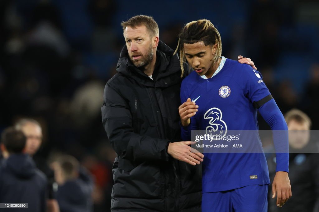 Chelsea debutant Bashir Humphreys is consoled by his manager <strong><a href='https://www.vavel.com/en/football/2022/10/29/chelsea-fc/1127894-looking-forward-to-going-back-graham-potter-opens-up-amid-brighton-return.html'>Graham Potter</a></strong> | Creator: Matthew Ashton - AMA  |  Credit: Getty Images Copyright: 2023 AMA Sports Photo Agency