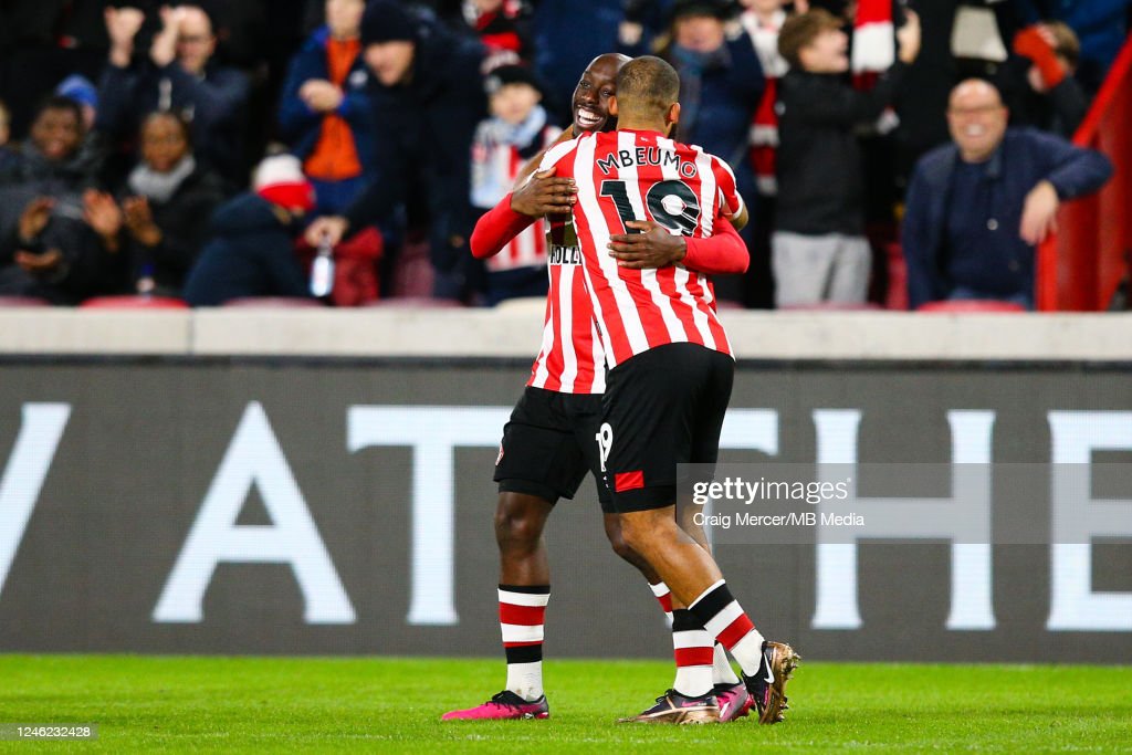 Mbuemo and Wissa celebrate going 1-0 up against AFC Bournemouth