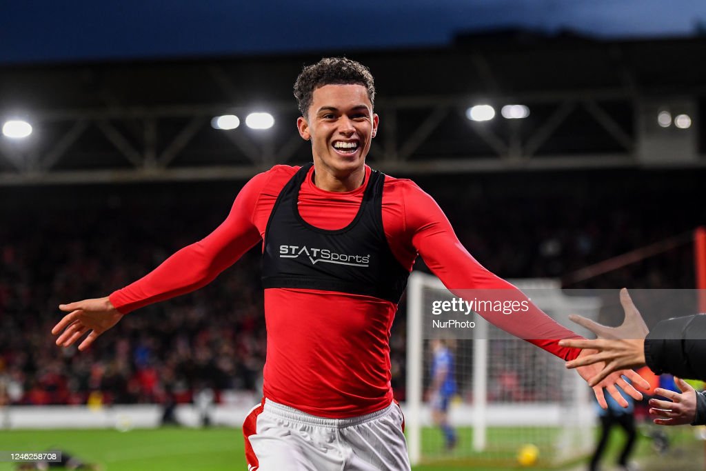 Brennan Johnson of Nottingham Forest celebrates after scoring a goal to make it 2-0 during the Premier League match between Nottingham Forest and Leicester City at the City Ground, Nottingham on Saturday 14th January 2023. (Photo by Jon Hobley/MI News/NurPhoto via Getty Images)