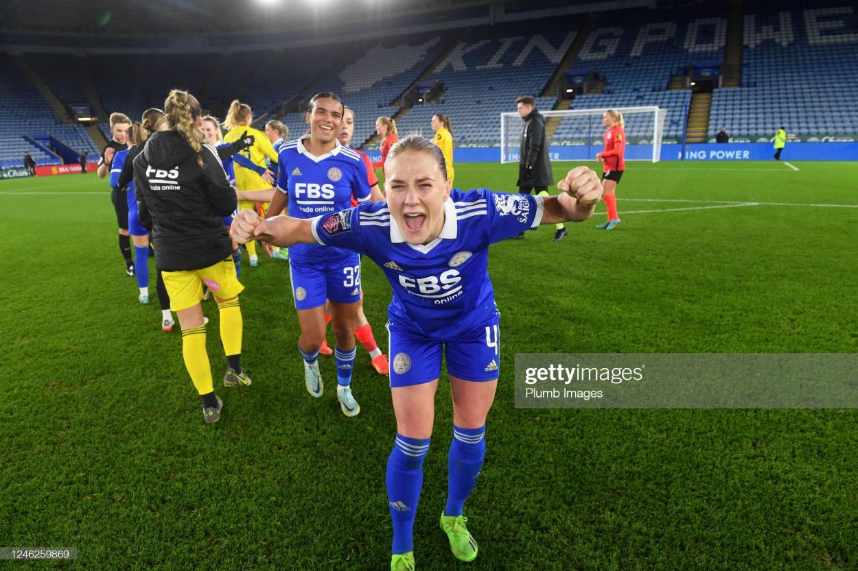 LEICESTER, ENGLAND - JANUARY 15: CJ Bott of Leicester City Women at the end of the Leicester City v Brighton & <strong><a  data-cke-saved-href='https://www.vavel.com/en/football/2021/05/07/womens-football/1070338-brightonhove-albion-women-vs-bristol-city-preview-team-news-predicted-line-ups-ones-to-watch-and-how-to-watch.html' href='https://www.vavel.com/en/football/2021/05/07/womens-football/1070338-brightonhove-albion-women-vs-bristol-city-preview-team-news-predicted-line-ups-ones-to-watch-and-how-to-watch.html'>Hove Albion</a></strong> - Barclays Women's Super League match at King Power Stadium on January 15, 2023 in Leicester, United Kingdom. (Photo by Plumb Images/Leicester City FC via Getty Images)