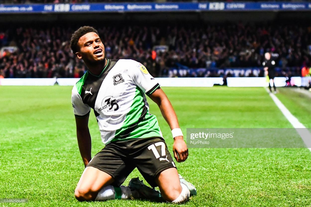 Bali Mumba (17 Plymouth Argyle) celebrates after scoring team's first goal during the Sky Bet League 1 match between Ipswich Town and Plymouth Argyle at Portman Road, Ipswich on Saturday 14th January 2023. (Photo by Kevin Hodgson/MI News/NurPhoto via Getty Images)