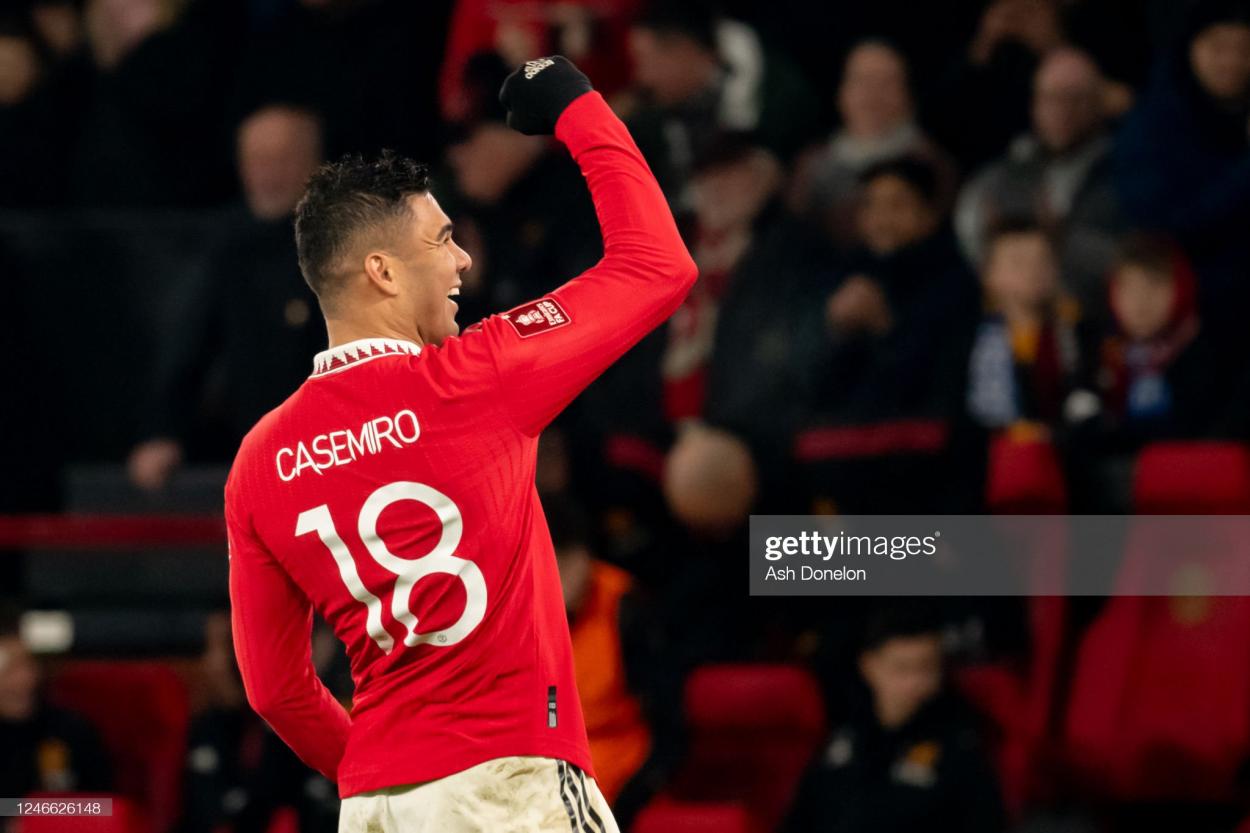Casemiro has been adding goals to his game, most recently in the FA Cup against Reading. (Photo by Ash Donelon/Manchester United via Getty Images)