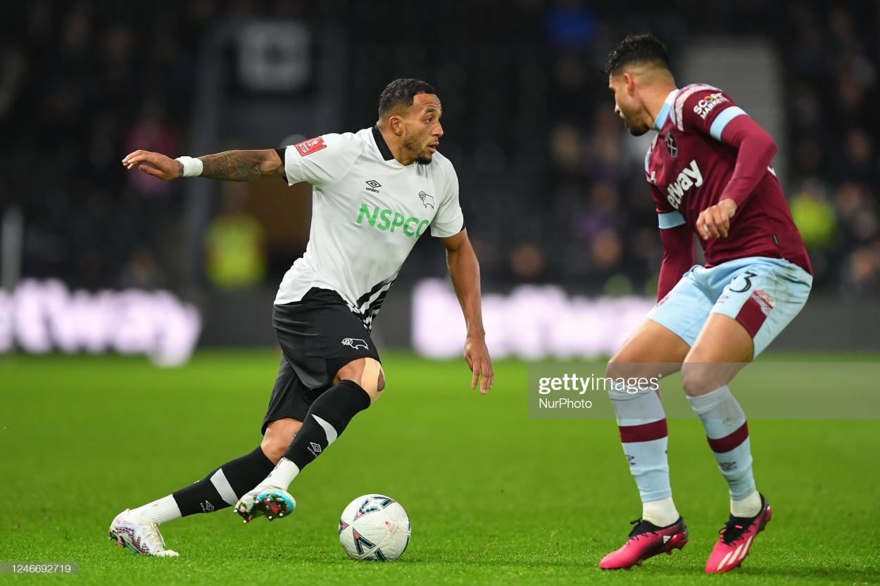  Mendez-Laing in action for Derby in the FA Cup versus West Ham. (Photo by Jon Hobley/MI News/NurPhoto via Getty Images)