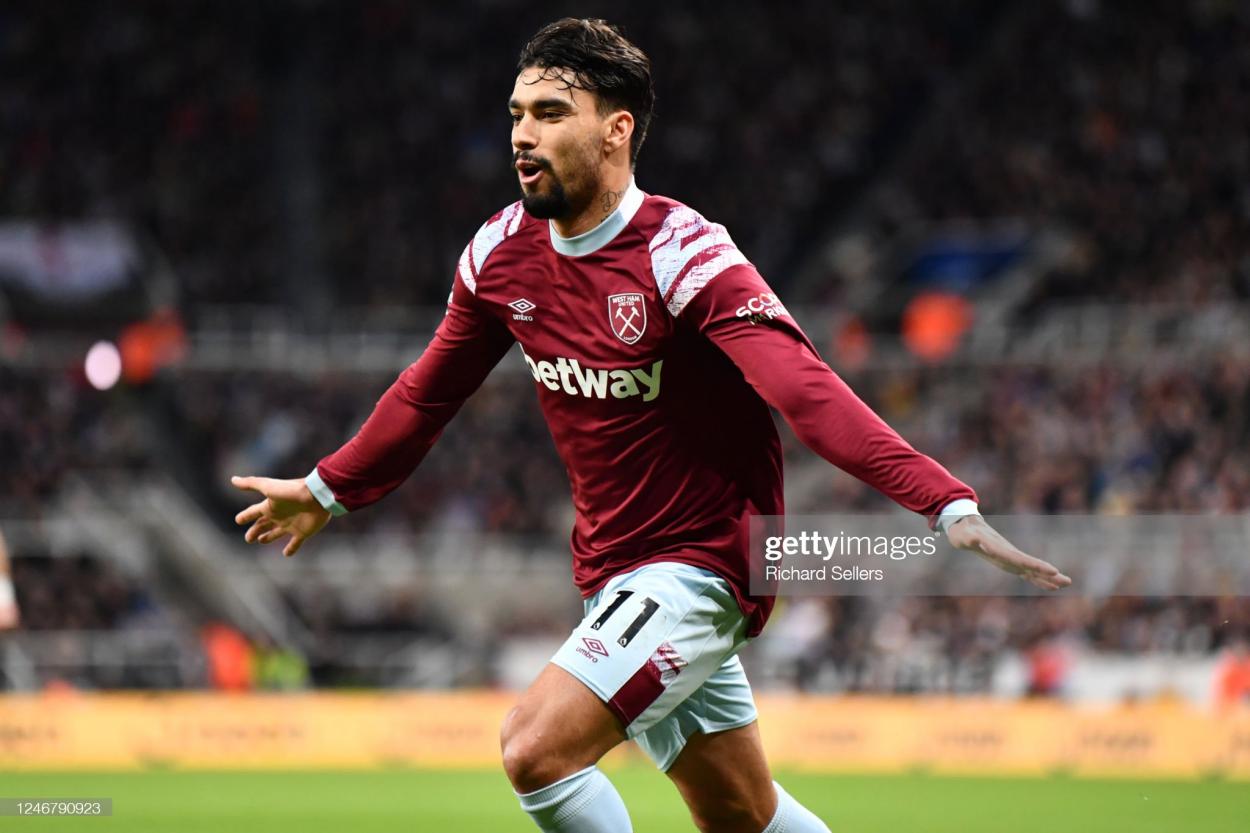 NEWCASTLE UPON TYNE, ENGLAND - FEBRUARY 04: Lucas Paqueta of West Ham United celebrates his goal during the Premier League match between Newcastle United and West Ham United at St. James Park on February 04, 2023 in Newcastle upon Tyne, United Kingdom. (Photo by Richard Sellers/Getty Images)