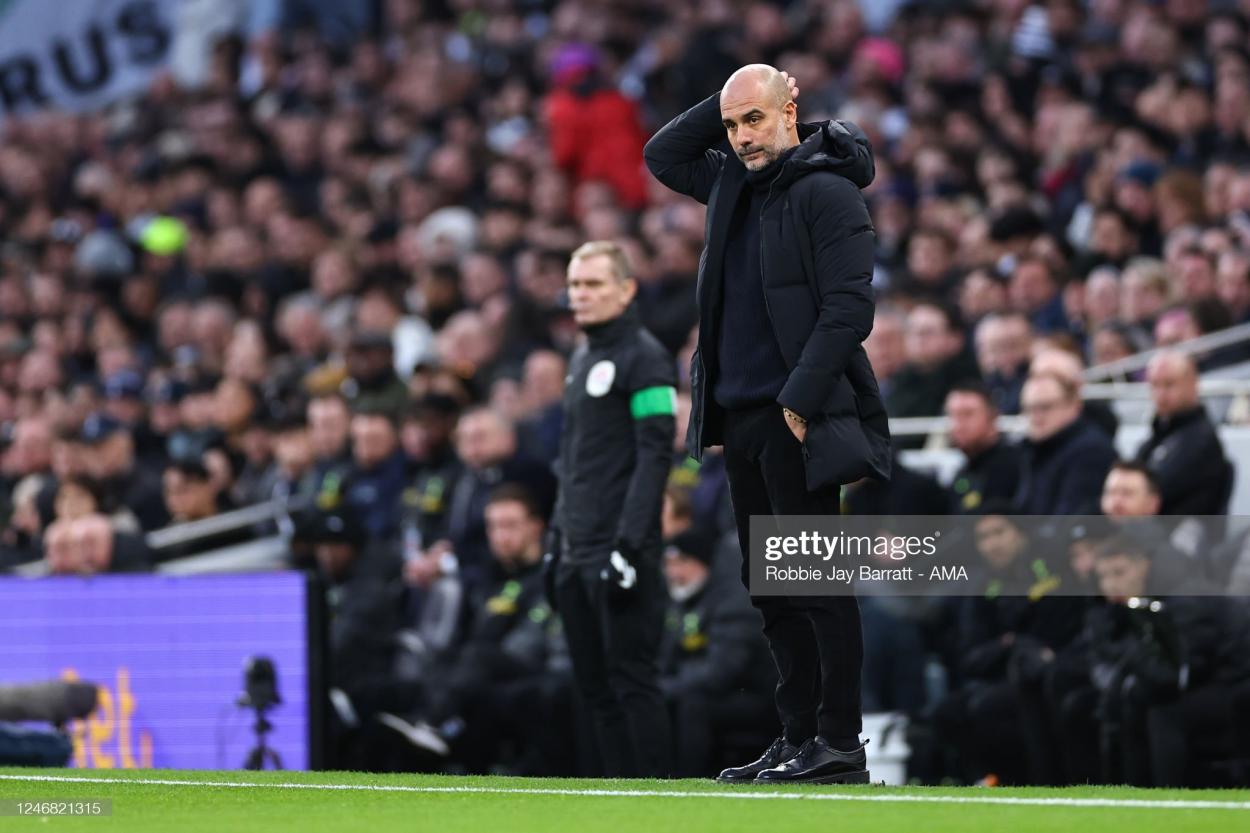 Pep Guardiola shows his frustration on the sideline. (Photo by Robbie Jay Barratt - AMA/Getty Images)