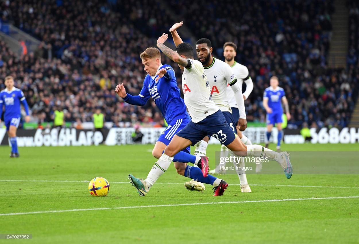 Harvey Barnes battles with Pedro Porro (Photo by Plumb Images/Leicester City FC via Getty Images)