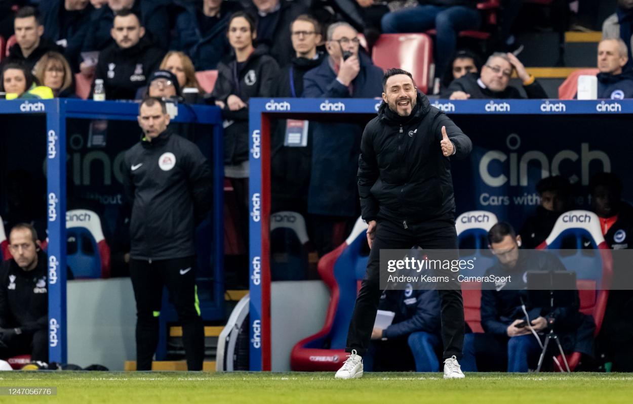 Brighton & Hove Albion's manager Roberto De Zerbi gestures during the Premier League match between Crystal Palace and Brighton & Hove Albion at Selhurst Park on February 11, 2023 in London, England. (Photo by Andrew Kearns - CameraSport via Getty Images)
