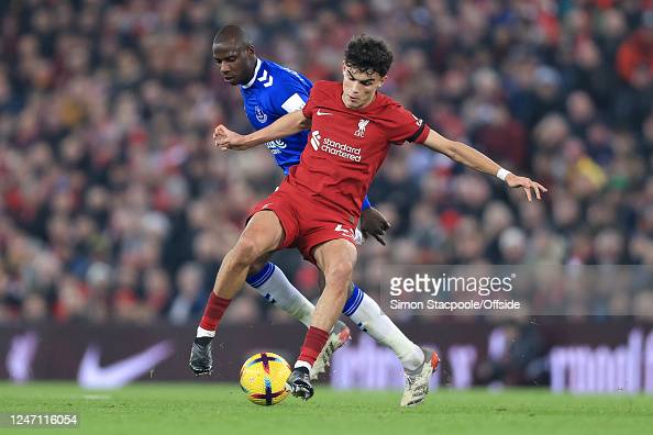 Stefan Bajčetić of Liverpool and Abdoulaye Doucoure of Everton during Liverpool's 2-0 <b><a  data-cke-saved-href='https://www.vavel.com/en/data/premier-league' href='https://www.vavel.com/en/data/premier-league'>Premier League</a></b> win over Everton at Anfield (Photo by Simon Stacpoole/Offside/Offside via Getty Images)