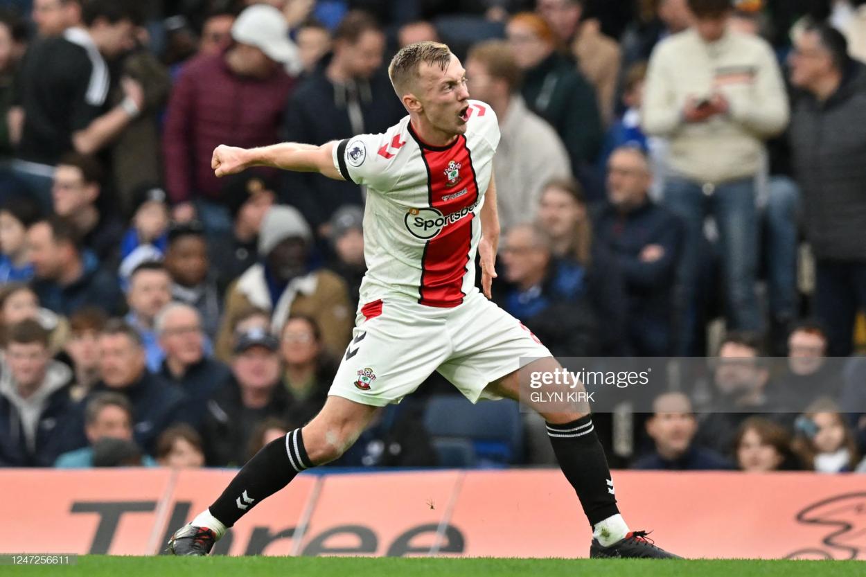 <strong><a  data-cke-saved-href='https://www.vavel.com/en/football/2023/01/14/premier-league/1134608-everton-1-2-southampton-ward-prowse-rescues-crucial-win-to-further-lampards-woes.html' href='https://www.vavel.com/en/football/2023/01/14/premier-league/1134608-everton-1-2-southampton-ward-prowse-rescues-crucial-win-to-further-lampards-woes.html'>James Ward-Prowse</a></strong> celebrates his goal. (Photo by GLYN KIRK/AFP via Getty Images)