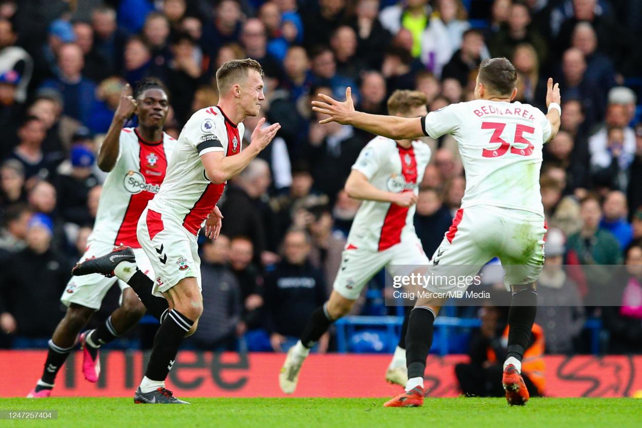 Ward-Prowse runs towards the away end. (Photo by Craig Mercer/MB Media/Getty Images)