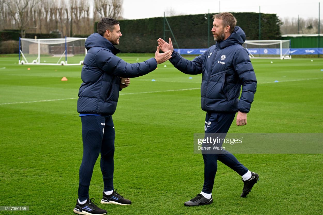 <strong><a  data-cke-saved-href='https://www.vavel.com/en/football/2023/02/17/chelsea-fc/1138001-graham-potter-labels-push-for-var-consistency-strange.html' href='https://www.vavel.com/en/football/2023/02/17/chelsea-fc/1138001-graham-potter-labels-push-for-var-consistency-strange.html'>Graham Potter</a></strong> and Cesar Azpilicueta at Cobham earlier this week (Photo by Darren Walsh/Chelsea FC via Getty Images)
