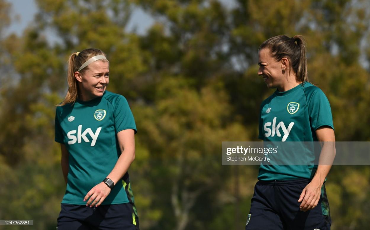 Ruesha Littlejohn, left, and <strong><a  data-cke-saved-href='https://www.vavel.com/en/football/2023/04/02/womens-football/1142606-arsenal-2-1-manchester-city-mccabe-stunner-completes-perfect-week-for-arsenal.html' href='https://www.vavel.com/en/football/2023/04/02/womens-football/1142606-arsenal-2-1-manchester-city-mccabe-stunner-completes-perfect-week-for-arsenal.html'>Katie McCabe</a></strong> during a Republic of Ireland women training session at Dama de Noche Football Center in Marbella, Spain. (Photo By Stephen McCarthy/Sportsfile via Getty Images)