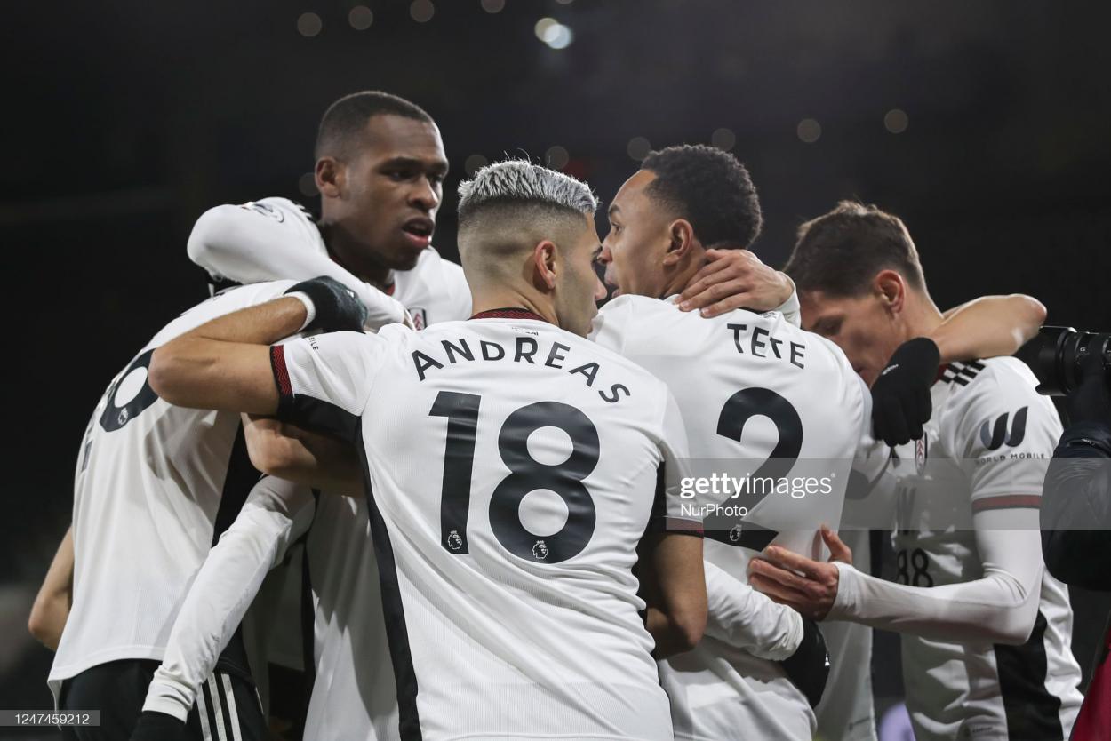 Goal celebrations for Manor Solomon of Fulham during the Premier League match between Fulham and <strong><a href='https://www.vavel.com/en/football/2023/02/17/premier-league/1138092-wolverhampton-wanderers-vs-afc-bournemouth-premier-league-preview-gameweek-24-2023.html'>Wolverhampton Wanderers</a></strong> at Craven Cottage, London on Friday 24th February 2023. (Photo by Tom West/MI News/NurPhoto via Getty Images)