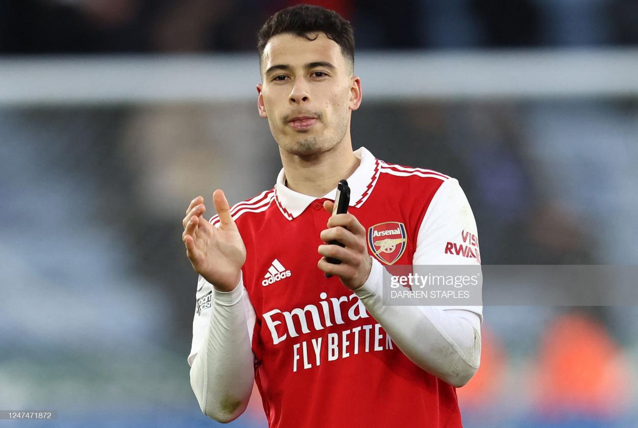 Gabriel Martinelli applauds the travelling fans. (Photo by DARREN STAPLES/AFP via Getty Images)