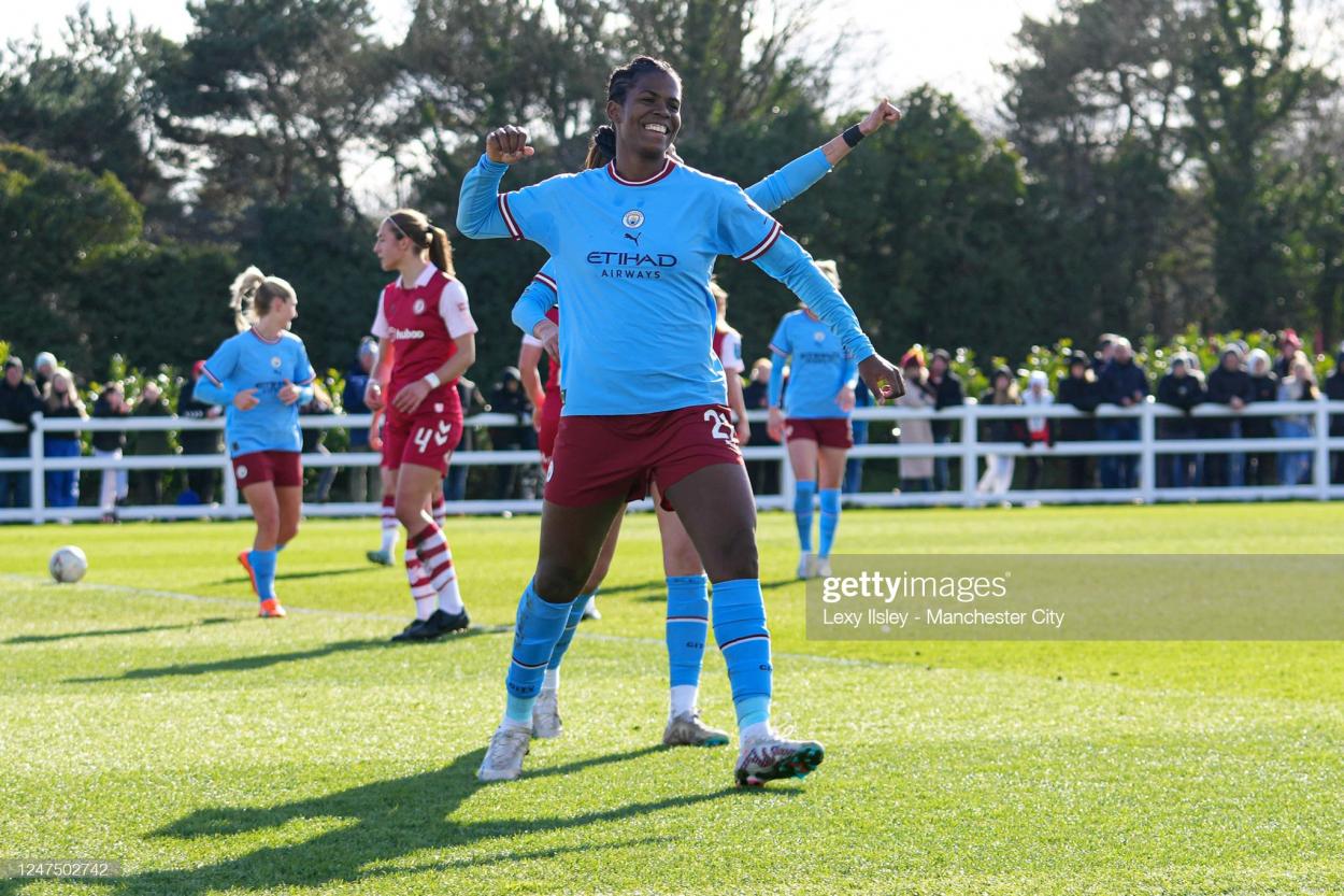 Khadija Shaw of Manchester City celebrates a goal during the Emirates FA Cup fifth round clash between <strong><a  data-cke-saved-href='https://www.vavel.com/en/football/2023/02/23/1138591-notts-county-boost-promotion-hopes-with-lemonheigh-evans-arrival.html' href='https://www.vavel.com/en/football/2023/02/23/1138591-notts-county-boost-promotion-hopes-with-lemonheigh-evans-arrival.html'>Bristol City</a></strong> and Manchester City at Ashton Gate on February 28, 2023 in Bristol, England. (Photo by Lexy Ilsley - Manchester City/Manchester City FC via Getty Images)