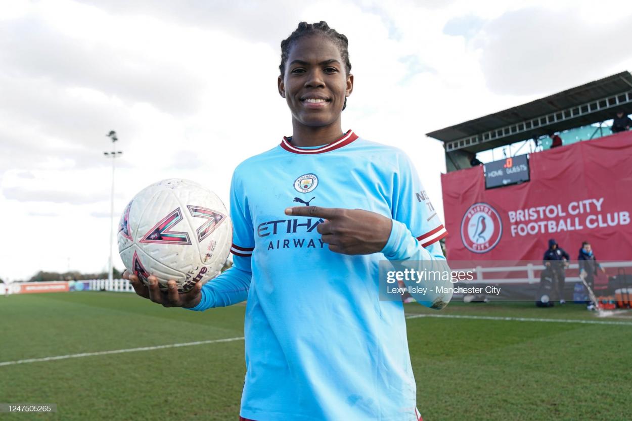 Khadija Shaw during FA Cup clash against Bristol City. (Photo by Lexy Ilsley - Manchester City/Manchester City FC via Getty Images)