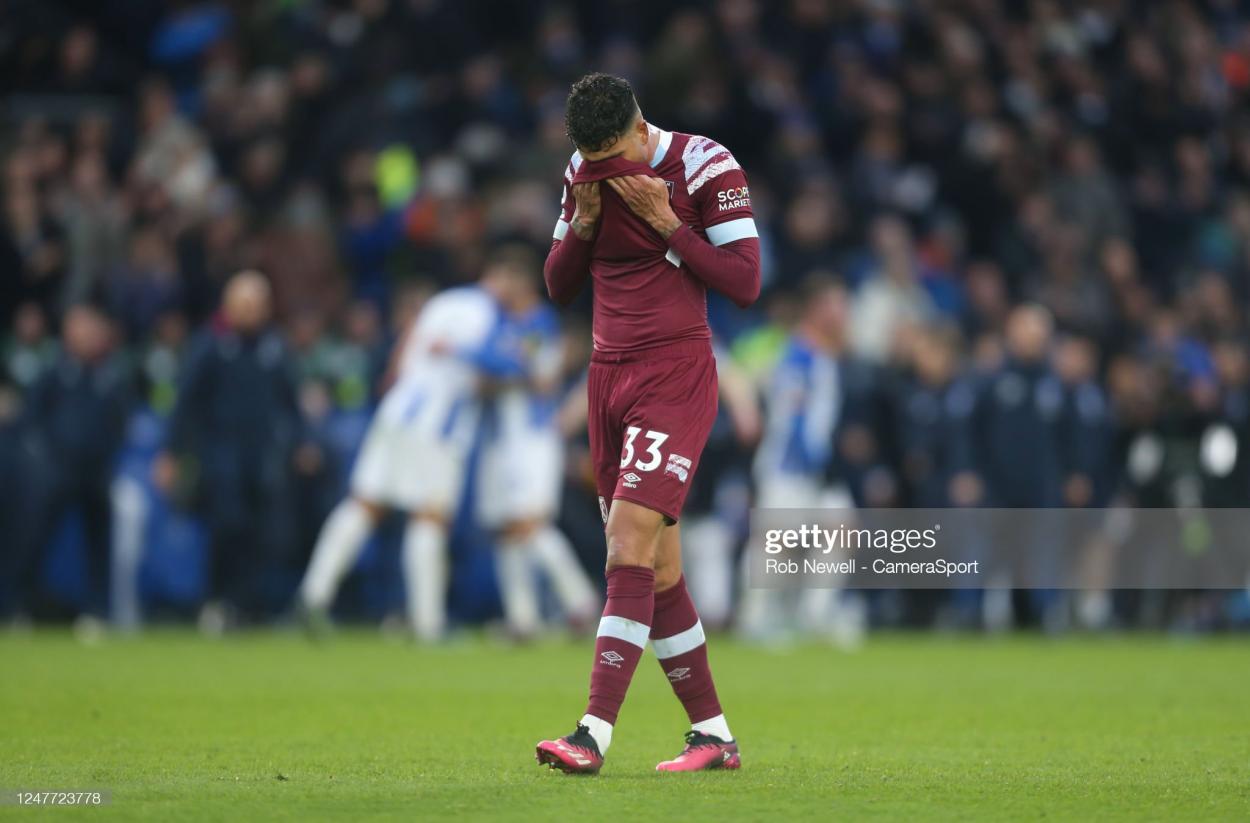 Dejection for <strong><a  data-cke-saved-href='https://www.vavel.com/en/football/2023/03/04/womens-football/1139588-reading-vs-west-ham-united-womens-super-league-preview-gameweek-14-2023.html' href='https://www.vavel.com/en/football/2023/03/04/womens-football/1139588-reading-vs-west-ham-united-womens-super-league-preview-gameweek-14-2023.html'>West Ham</a></strong> United's Emerson Palmieri during the Premier League match between Brighton & Hove Albion and <strong><a  data-cke-saved-href='https://www.vavel.com/en/football/2023/03/04/womens-football/1139588-reading-vs-west-ham-united-womens-super-league-preview-gameweek-14-2023.html' href='https://www.vavel.com/en/football/2023/03/04/womens-football/1139588-reading-vs-west-ham-united-womens-super-league-preview-gameweek-14-2023.html'>West Ham</a></strong> United at American Express Community Stadium on March 4, 2023 in Brighton, United Kingdom. (Photo by Rob Newell - CameraSport via Getty Images)