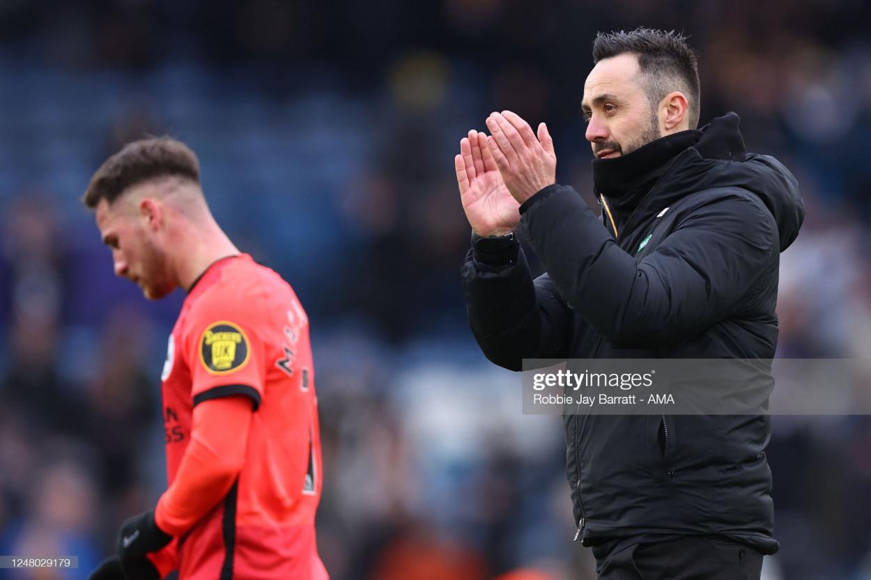 Roberto De Zerbi the manager / head coach of Brighton & Hove Albion during the Premier League match between Leeds United and Brighton & Hove Albion at Elland Road on March 11, 2023 in Leeds, United Kingdom. (Photo by Robbie Jay Barratt - AMA/Getty Images)