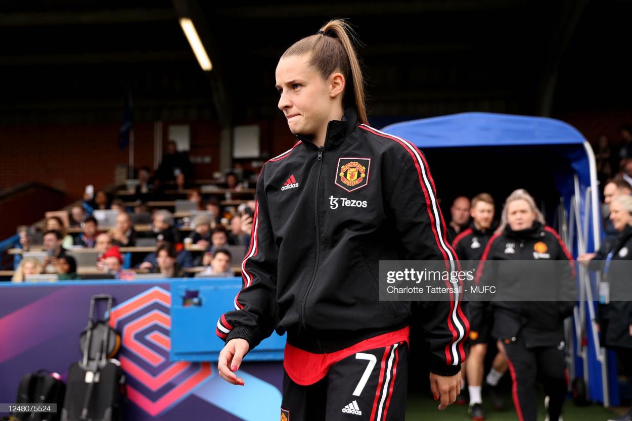 Ella Toone of Manchester United walks out to the pitch prior to the FA Women's Super League match between Chelsea and Manchester United at Kingsmeadow on March 12, 2023 in Kingston upon Thames, United Kingdom. (Photo by Charlotte Tattersall - MUFC/Manchester United via Getty Images)