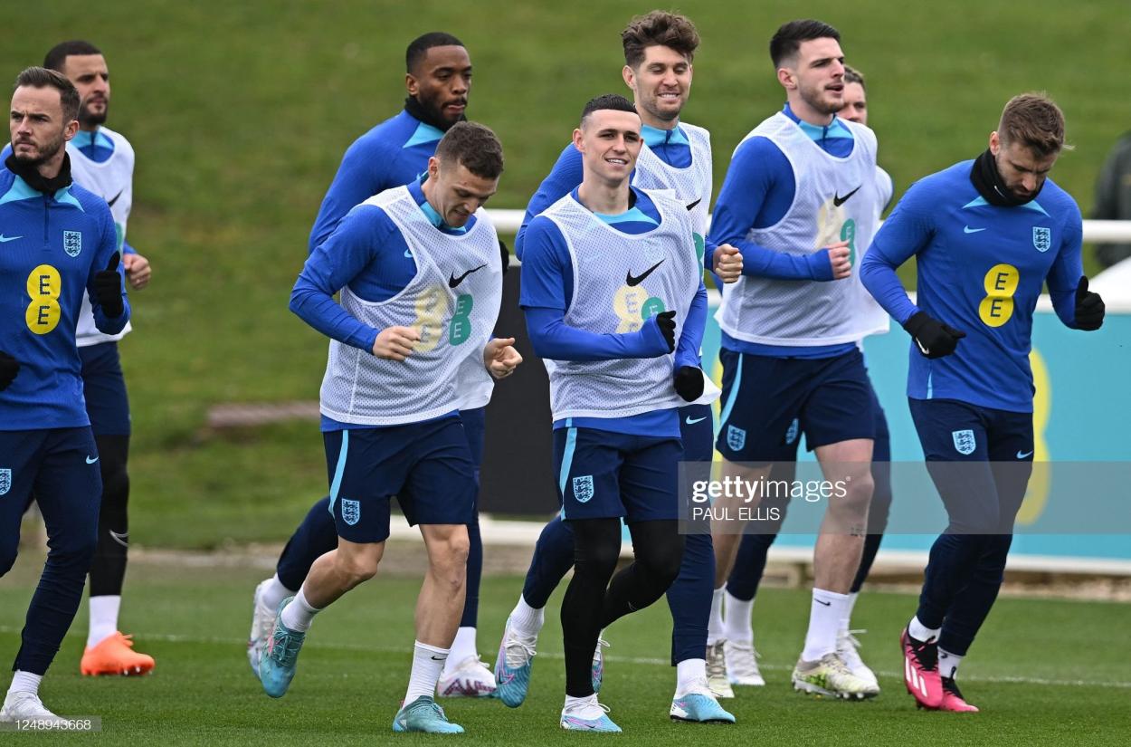 England team in training.  (Photo by Paul ELLIS / AFP) / NOT FOR MARKETING OR ADVERTISING USE / RESTRICTED TO EDITORIAL USE (Photo by PAUL ELLIS/AFP via Getty Images)