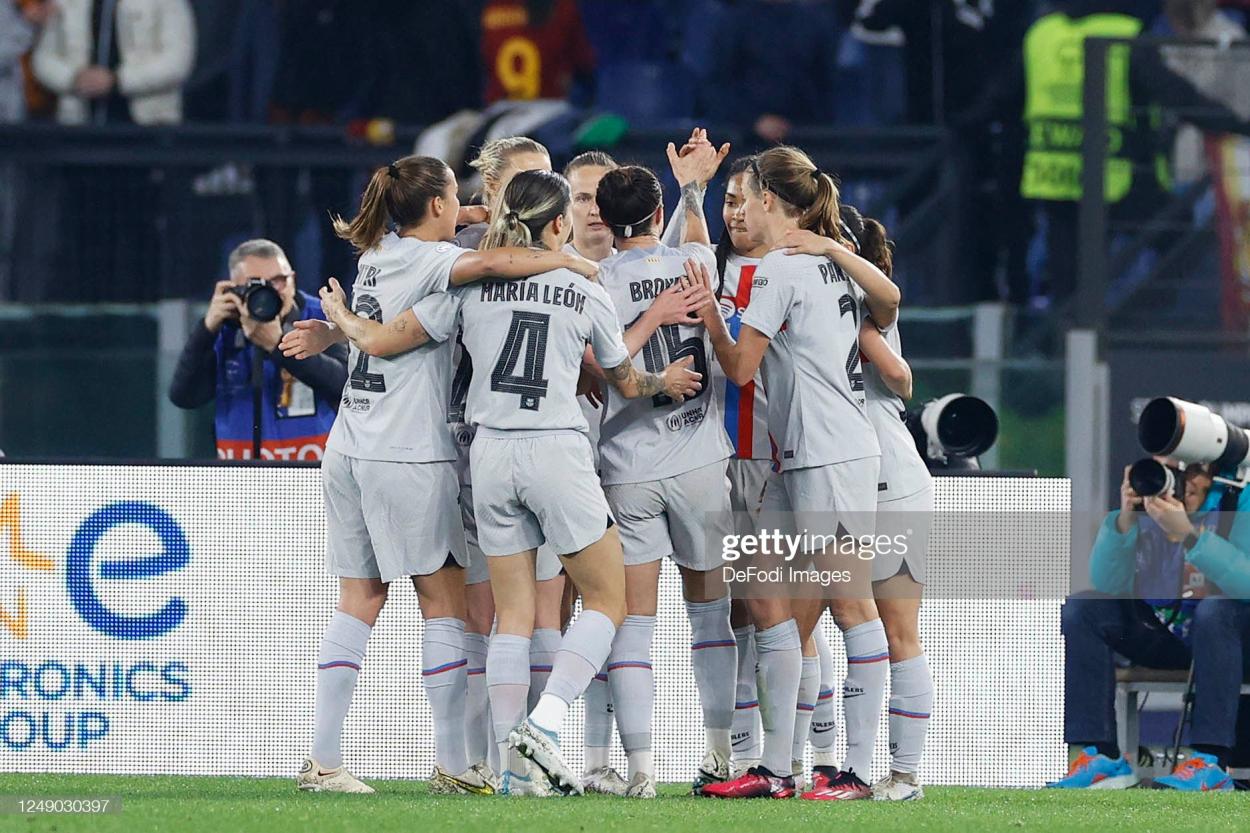 Salma Paralluelo of Fc Barcelona celebrates after scoring her team's first goal with team mates during the UEFA Women's Champions League quarter-final 1st leg match between AS Roma and FC Barcelona at Stadio Tre Fontane on March 21, 2023 in Rome, Italy. (Photo by Matteo Ciambelli/DeFodi Images via Getty Images)
