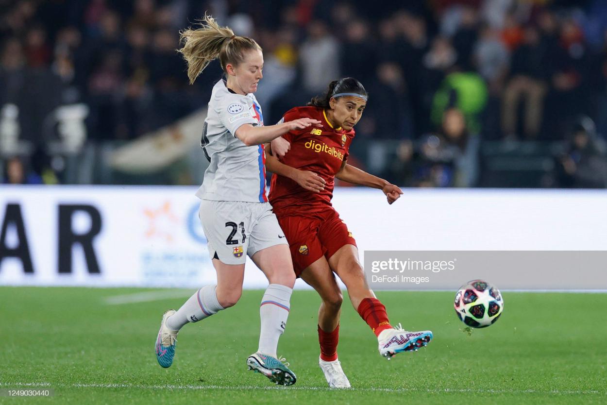 Keira Walsh of Fc Barcelona and Alves Da Silva Andressa of AS Roma battle for the ball during the UEFA Women's Champions League quarter-final 1st leg match between AS Roma and FC Barcelona at Stadio Tre Fontane on March 21, 2023 in Rome, Italy. (Photo by Matteo Ciambelli/DeFodi Images via Getty Images)