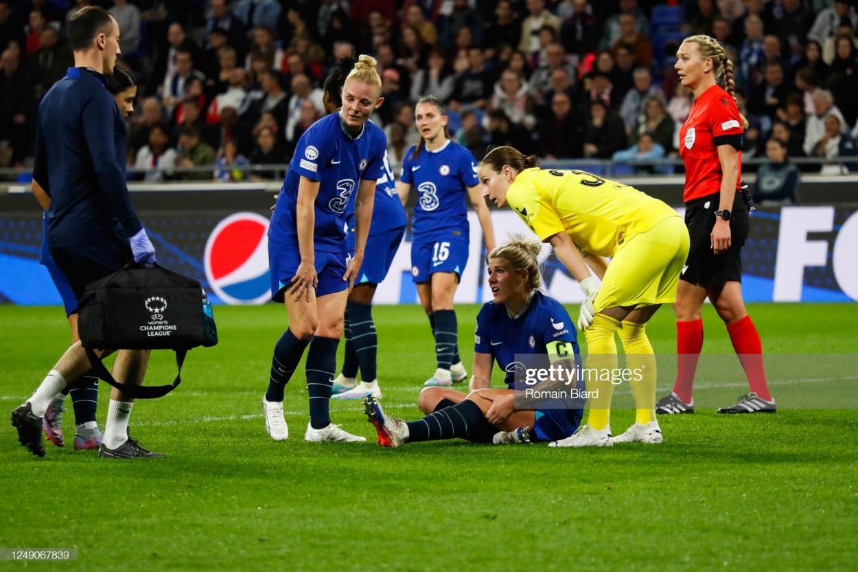 Millie BRIGHT of Chelsea out and Ann-Katrin BERGER of Chelsea during the UEFA Women's Champions League match between Lyon and Chelsea on March 22, 2023 in Lyon, France. (Photo by Romain Biard/Icon Sport via Getty Images)
