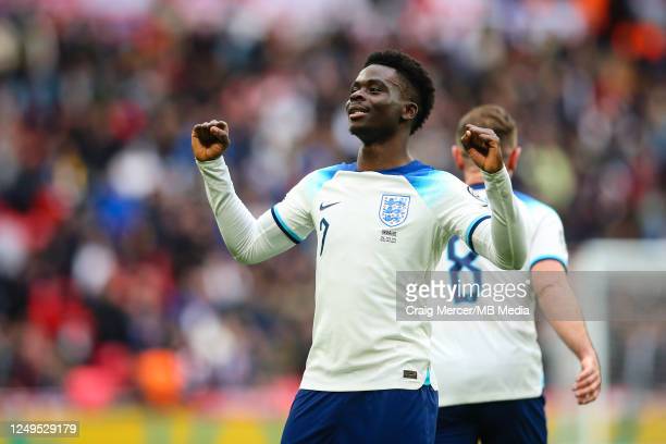 Saka celebrates his goal, and England's second of the match.(Photo by Craig Mercer/MB Media/Getty Images)