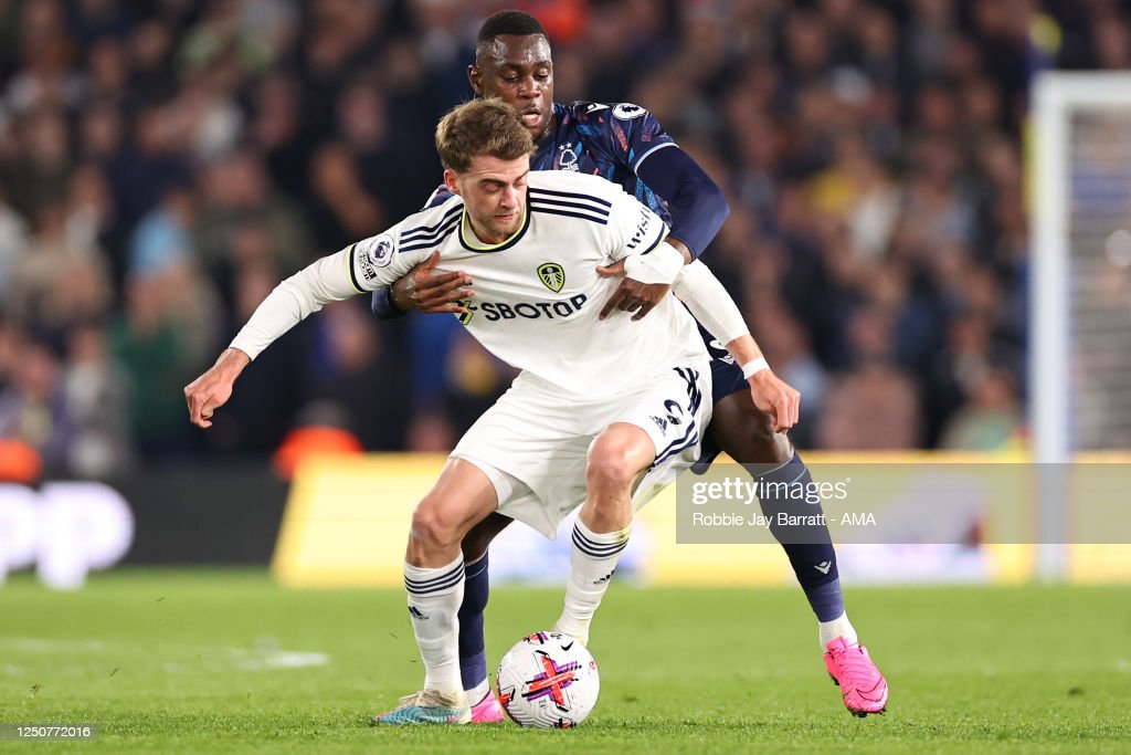 LEEDS, ENGLAND - APRIL 04: Patrick Bamford of Leeds United and Moussa Niakhate of Nottingham Forest during the Premier League match between Leeds United and Nottingham Forest at Elland Road on April 4, 2023 in Leeds, United Kingdom. (Photo by Robbie Jay Barratt - AMA/Getty Images)