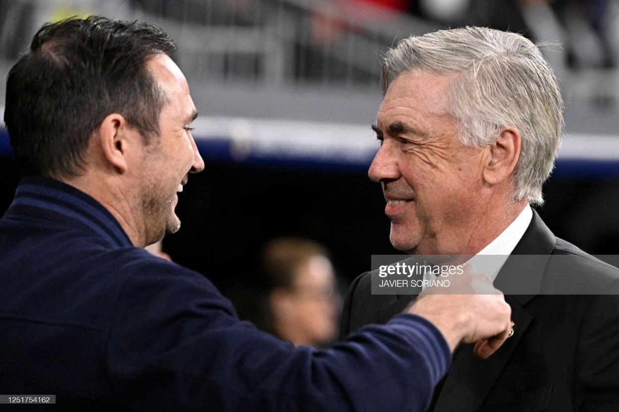 Frank Lampard and Carlo Ancelotti. (Photo by JAVIER SORIANO / AFP) (Photo by JAVIER SORIANO/AFP via Getty Images)