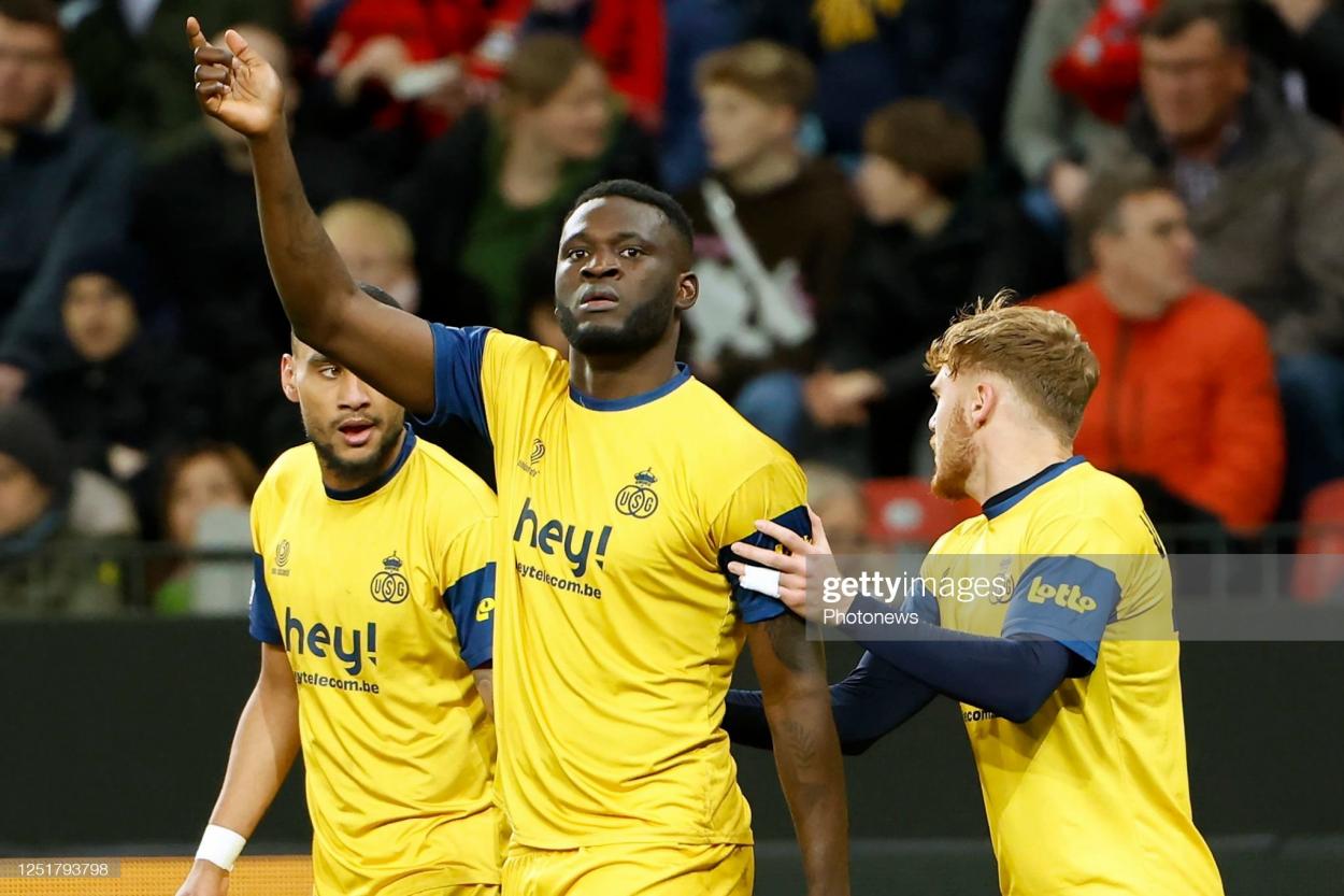 Boniface Victor forward of Union St-Gilloise celebrates scoring the opening goal during the UEFA Europa League Quarter-finals, 1st leg match between Leverkusen and Union SG at the BayArena. ( Photo by Jan De Meuleneir / Photo News via Getty Images)