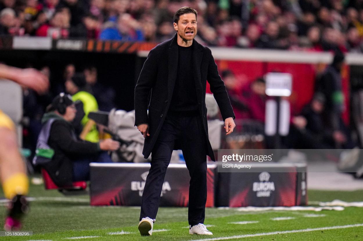 Coach Xabi Alonso of Bayer 04 Leverkusen shouting during the UEFA Europa League Quarterfinal First Leg match between Bayer 04 Leverkusen and Royale Union Saint-Gilloise at the BayArena. (Photo by Rene Nijhuis/BSR Agency/Getty Images)
