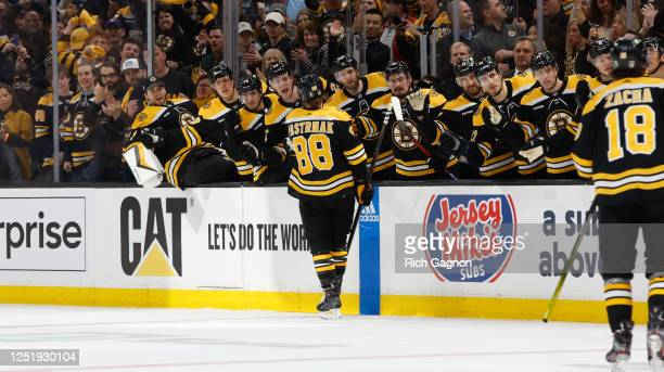 David Pastrnak celebrates his first-period goal for the Bruins/Photo: Rich Gagnon/Getty Images
