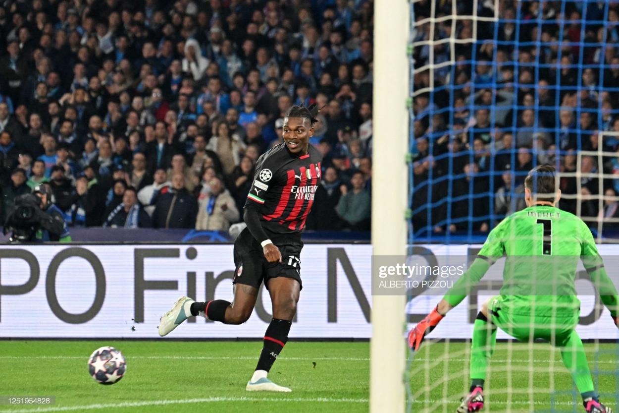 Rafael Leão, of AC Milan, provides the assist for teammate Olivier Giroud's (not in picture) goal against Napoli in the Champions League quarter-final second leg at the Stadio Diego Armando Maradona (Photo by ALBERTO PIZZOLI/AFP via Getty Images)