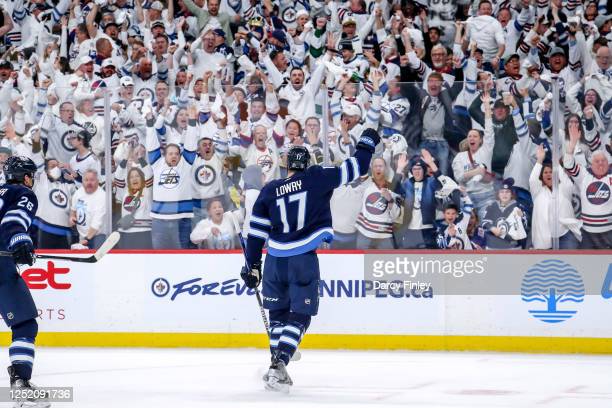 Adam Lowry reacts in front of an excited Winnipeg crowd after tying Game 3/Photo: Darcy Finley/NHLI via Getty Images