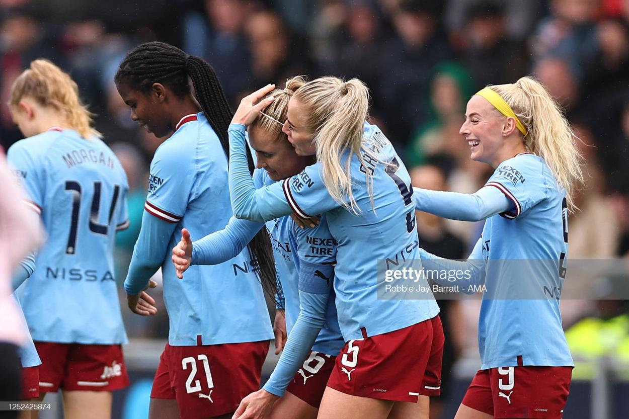 Steph Houghton of Manchester City Women celebrates after scoring a goal to make it 4-1 during the FA Women's Super League match between Manchester City and Reading at The Academy Stadium on April 30, 2023 in Manchester, United Kingdom. (Photo by Robbie Jay Barratt - AMA/Getty Images)