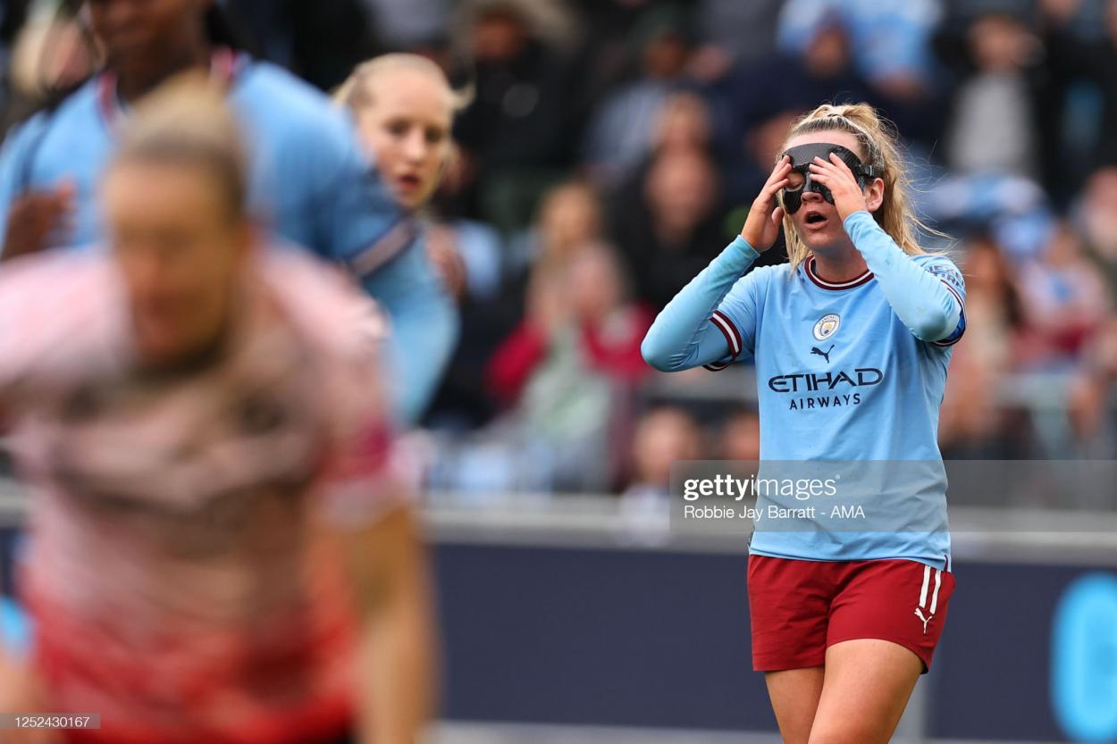 Lauren Hemp of Manchester City Women reacts during the FA Women's Super League match between Manchester City and Reading at The Academy Stadium on April 30, 2023 in Manchester, United Kingdom. (Photo by Robbie Jay Barratt - AMA/Getty Images)